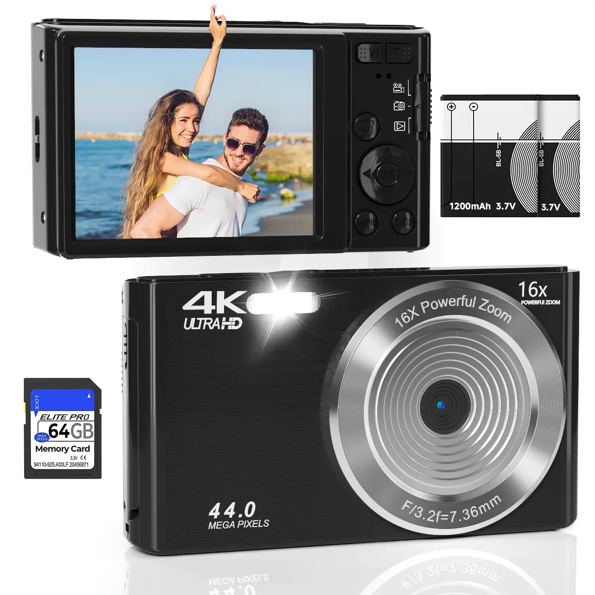 4K Digital Camera for Vlogging & Streaming, Sleek Black Y2K Digicam with 44MP, 16X Zoom & PC Webcam Mode, Starter Kit with 64GB Card & 2 Batteries