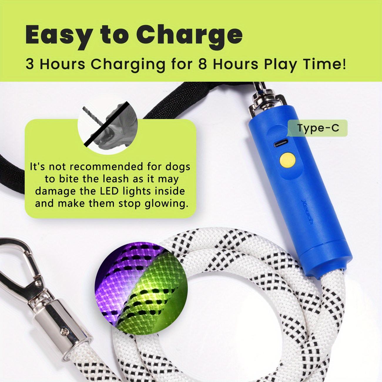 Xeuch LED Illuminated Dog Leash |   Extremely High Visibility for Distances Up to 350 Yards |   Three Lighting Options |   Rechargeable Via USB, No Batteries Required |   Comfortable Handle & Swivel Clasp to Avoid Leash Twisting
