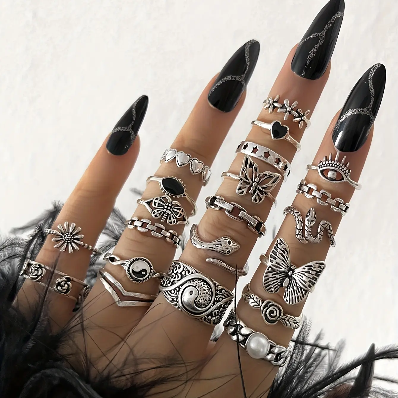 21-piece set of alloy rings with faux pearls and enamel inlays, stackable rings, vintage style with unique carved designs of snakes, butterflies, hearts, eyes, and flowers, faux pearl ring set, 21-piece stackable ring set