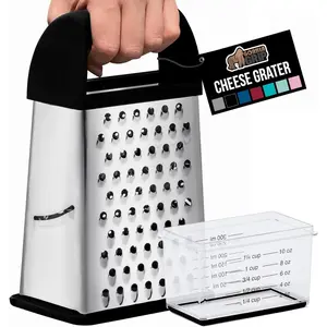 4-Sided Stainless Steel Cheese Grater With Container, 100% BPA-Free Box Grater, Dishwasher Safe, Slip Resistant Base and Handle, Grate Parmesan, Hard Cheeses, Shred Vegetables, Black