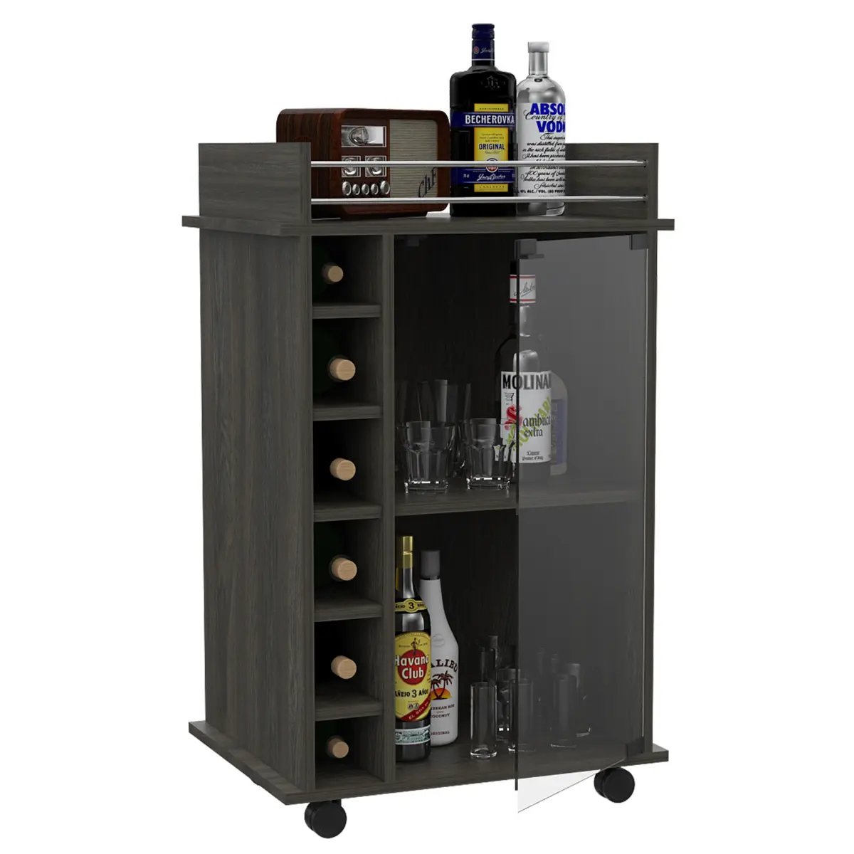 Stylish Rolling Liquor Cabinet – Smoky Oak Finish, Lockable Wheels, Top Rail for Bottles & Mixers Two Shelves, Six Built-in Wine Rack