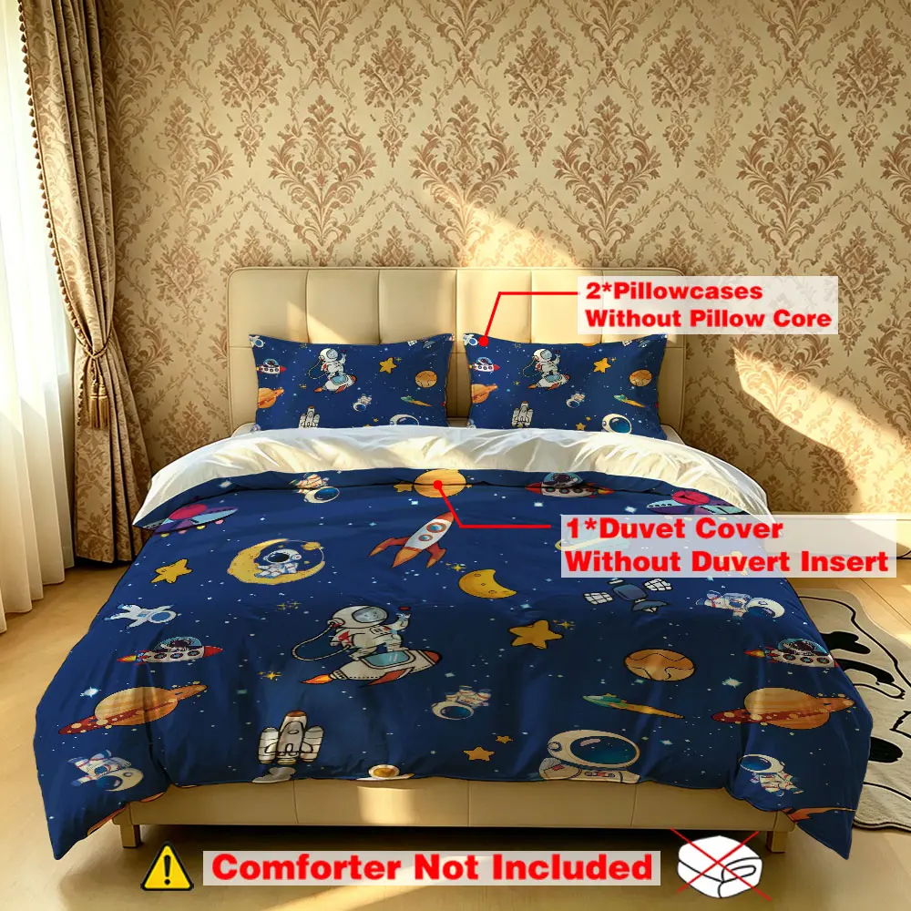 The 3-piece cartoon astronaut space-themed bedding set includes one duvet cover and two pillowcases, without fillings. It's soft and comfortable, suitable for single beds and double beds, and ideal for bedrooms, dormitories, and hotels.