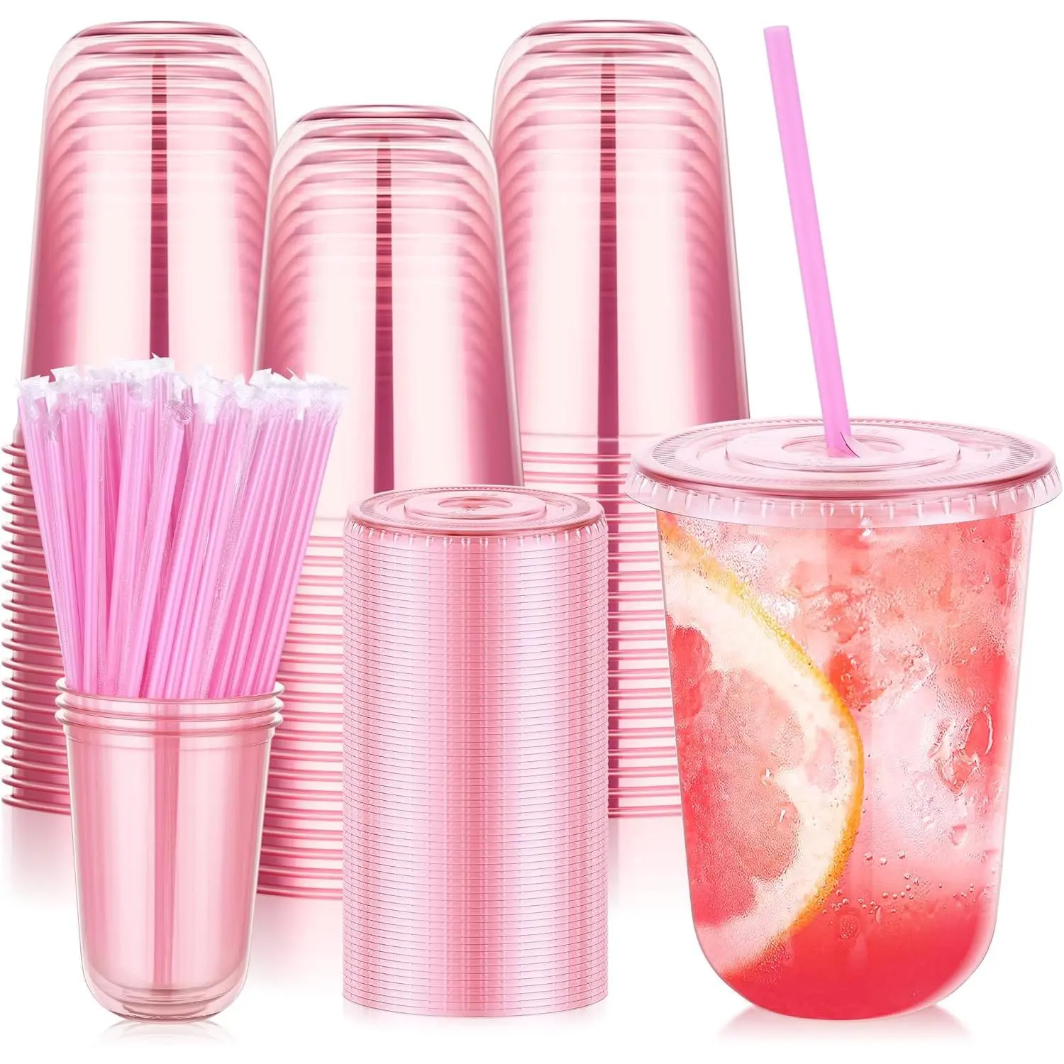 50 Pack 16 oz Pink Plastic Party Cups with Lids and Straws, Disposable Iced Coffee Cup with Lids, Round Bottom Drinking Cups  Birthday Wedding Valentine's Galentine's Bachelorette Party