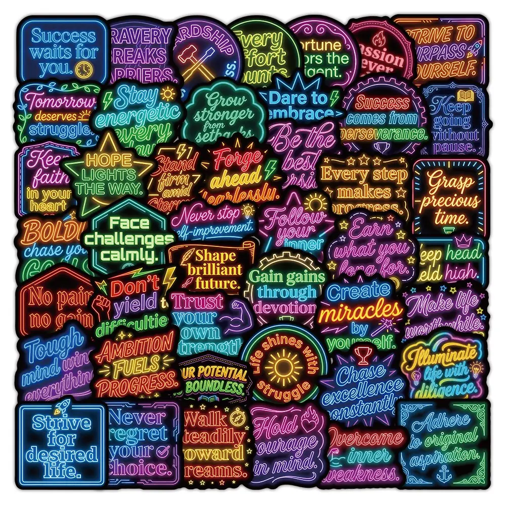 50pcs Neon Light Style Inspirational English Graffiti Stickers, Motivational Stickers, Notebook Accessory Stickers for Journals, Aesthetic Stickers