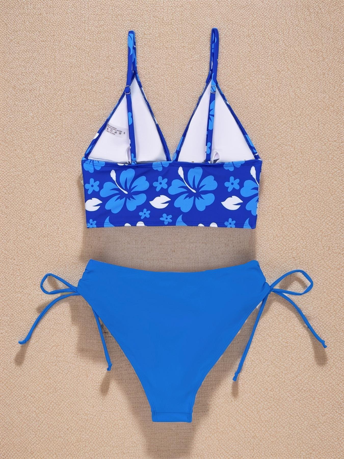 Two-piece Women's Floral Print Bikini Set, Flower Print Bikini, Adjustable Strap Bra & Drawstring High Cut Panty, Ladies Summer Swimwear for Beach Holiday Vacation, Tankini Swimsuits Women