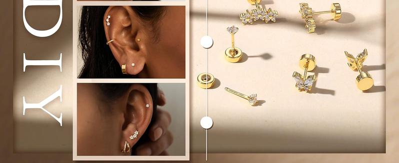 MILACOLATO S925 Sterling Silver Flat Back Earrings for Women Hypoallergenic - 14K Plated Gold Flatback Stud Earrings Cartilage Helix Tragus Conch Piercing Jewelry 3 Pairs Dainty CZ Butterfly Studs