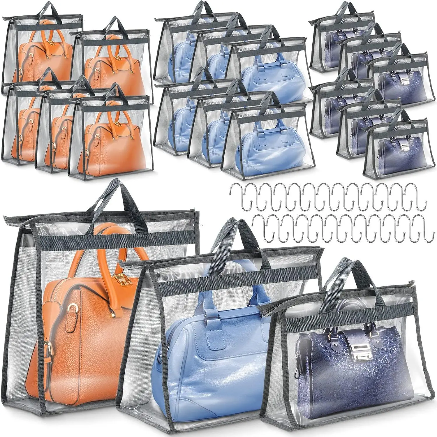 20 Pack Dust Bags for Handbags Clear Handbag Storage Organizer, 3 Sizes Purse Storage Organizer for Closets Dust Cover Purse Protector Bag with Zipper and Handles with 25 count S Hooks(Grey)