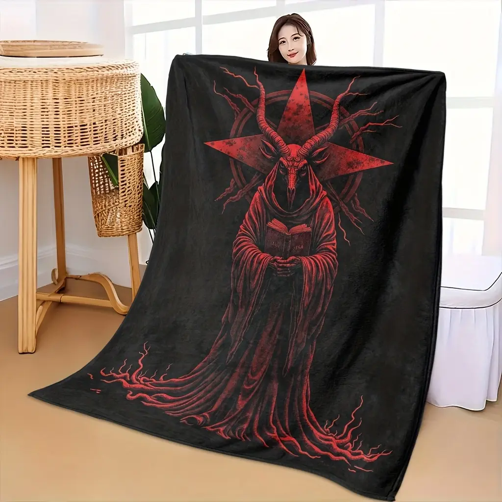 Gothic Baphomet Goat Skull Flannel Blanket Black Red Occult Dark Art Soft Warm Throw Blanket Sofa Bed Halloween Room Decor