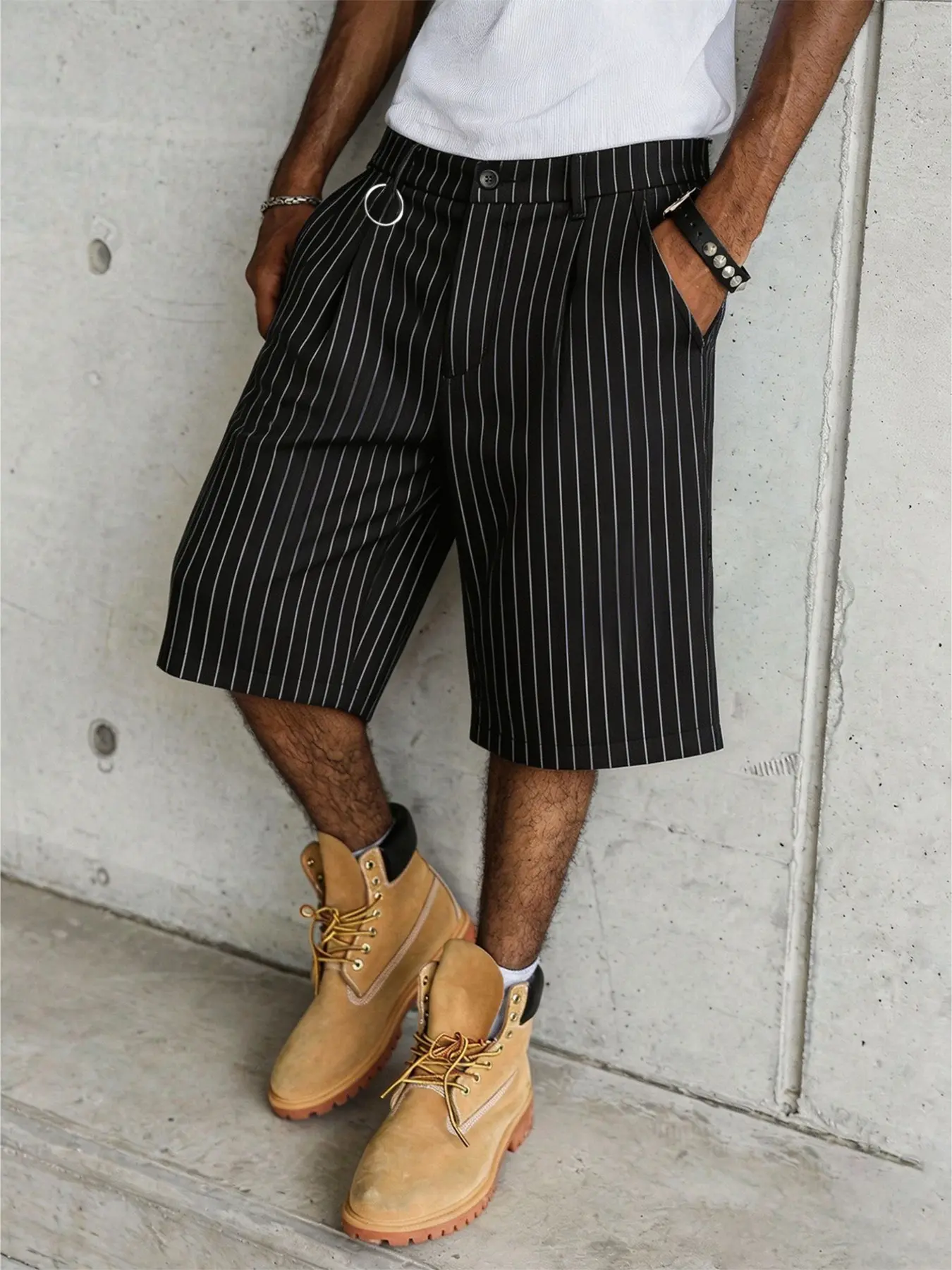 Men's Summer Lightweight Classic Vintage Striped Loose Fit Suit Shorts Pockets, American High Street Casual Pants, Anti-Wrinkle Fabric, Comfortable Design, Menswear