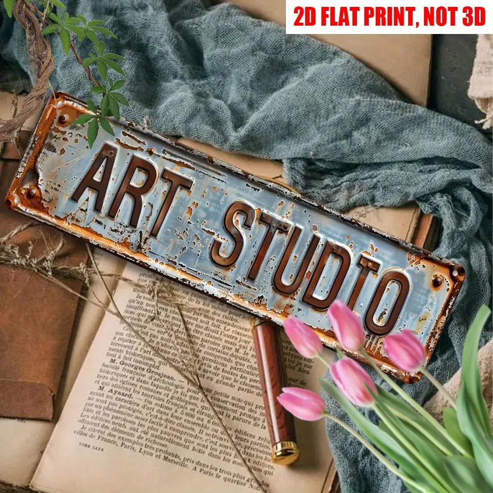 Vintage "Art Studio" Print Tin Metal Wall Sign - 40*10cm/16*4inch Lightweight Hanging Plaque with Pre-Drilled Hole, Retro Farmhouse Industrial Wall Decor for Office/Home/Pub Door, Artist Gift