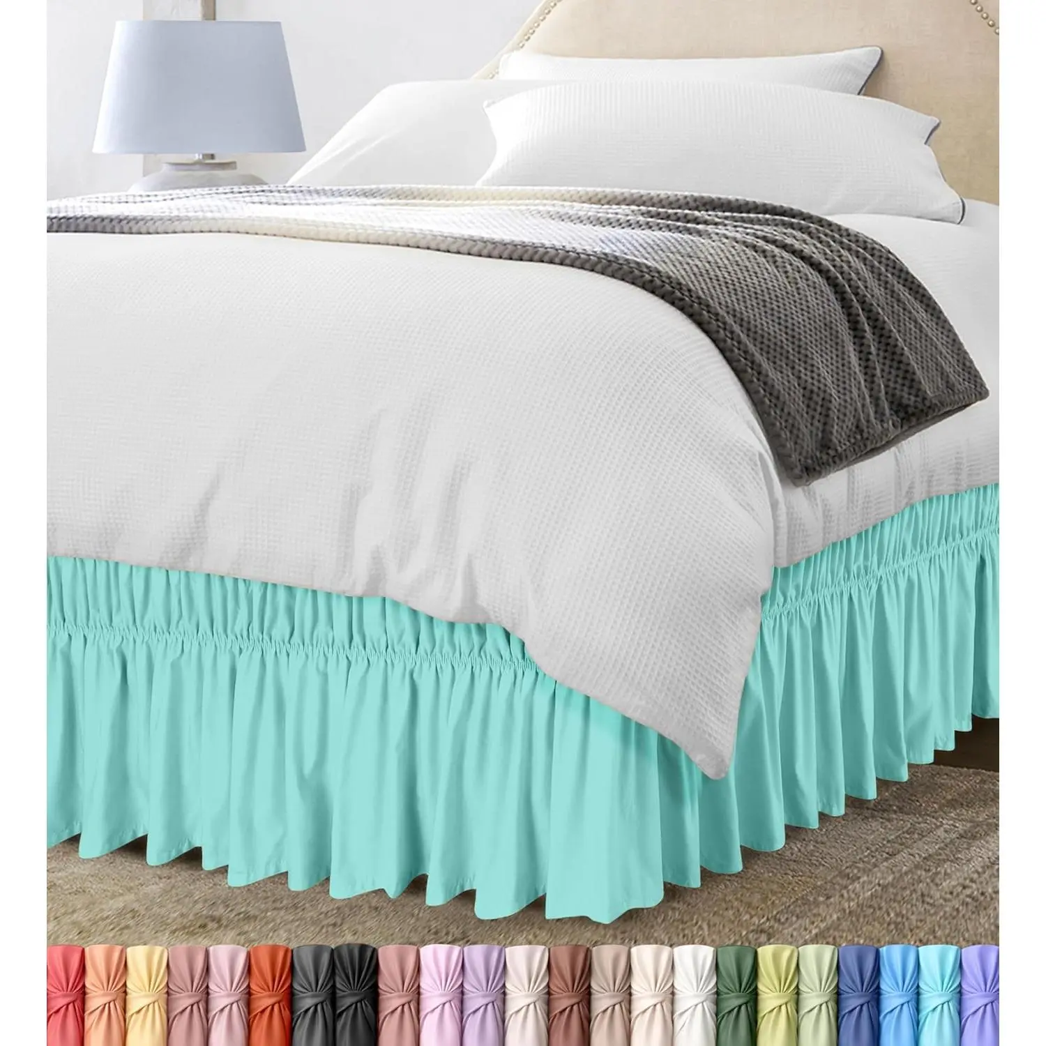 Wrap Around  Bed Skirt, Easy Fit Elastic Belt, 16 Inch Drop,  Blue | No Mattress Lifting, Stay-Put Design, Adjustable Buckle & Elastic Belt, Wrinkle & Fade Resistant, Brushed Microfiber