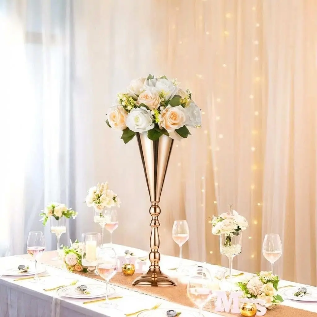 Elegant Gold Metal Trumpet Vase Centerpiece – 16.5 Inch Tall Tabletop Flower Holder – Ideal for Weddings, Parties, Anniversaries, Home Decor – Durable & Stylish
