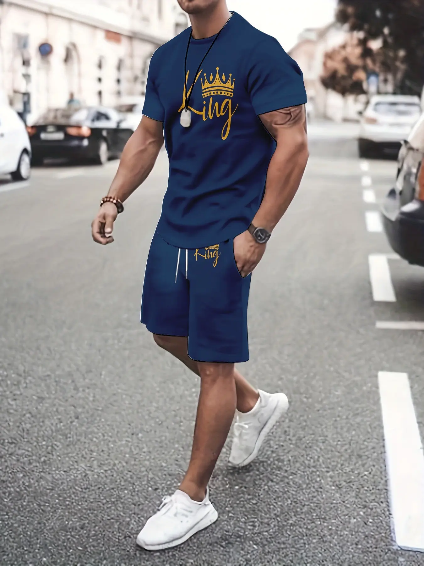 Men's Casual Summer Set, Short Sleeve Tee with Crown Print, Slim-Fit Knee-Length Shorts, Trendy Two-Piece for All Seasons, Menswear