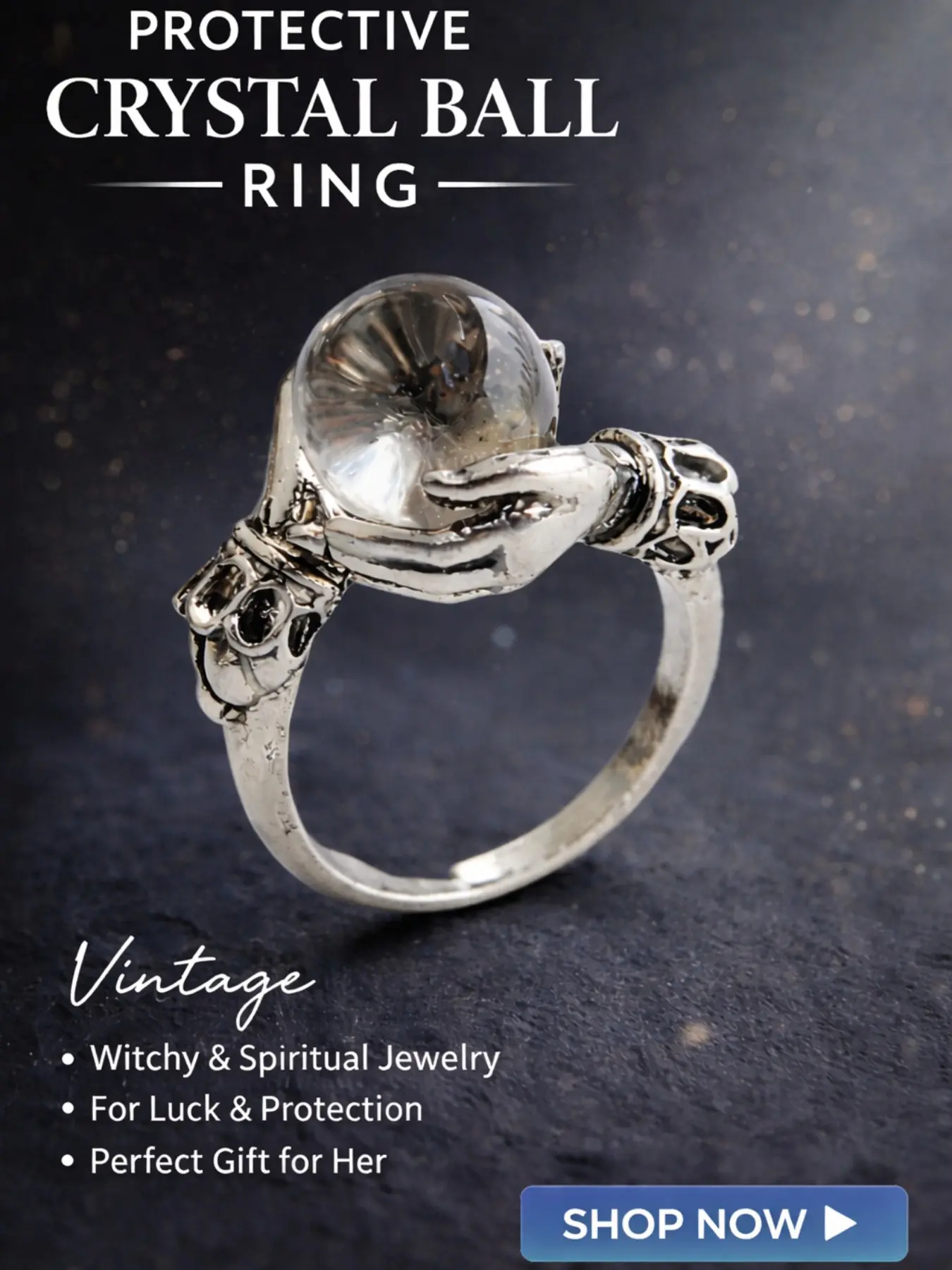 1pc, Guardian Hand Crystal Ball Protection Ring, Energy Crystal Ring, Vintage Silver Plated Adjustable Open Circle Ring, Pagan Witchy Spiritual Jewelry, Blessing Amulet Good Luck Ring, Spellbound Ring, for Women, Daily Wear, Party, Gift