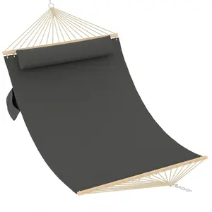 Double Quilted Hammock for 2 People – 12FT Outdoor Patio Swing Bed – Wooden Spreader Bar – Detachable Pillow – Heavy Duty, 450lbs Capacity – Light beige, 350cm