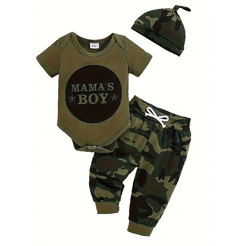 Boys' Cotton 3-Piece Practical Matching Set - Fashionable Letters Print Short-Sleeve Romper, Camouflage Pants, Hat, Ideal for Outdoor Activities Clothes Kids Outfits