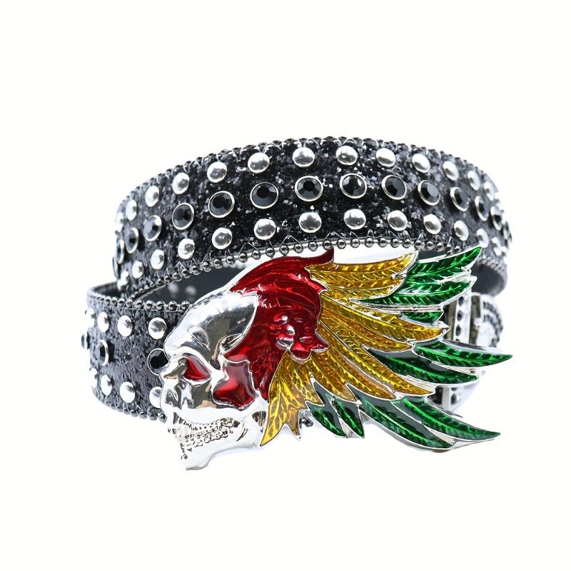 jewelry Rhinestone Black Belt Men Faux Leather Faux Leather PU Black Cross Skull Buckle Revits Belt, Unisex Western Music Festival Embellished Faux Glitter Print Belt With Rhinestone And Rivet, Music Festival Party Wear