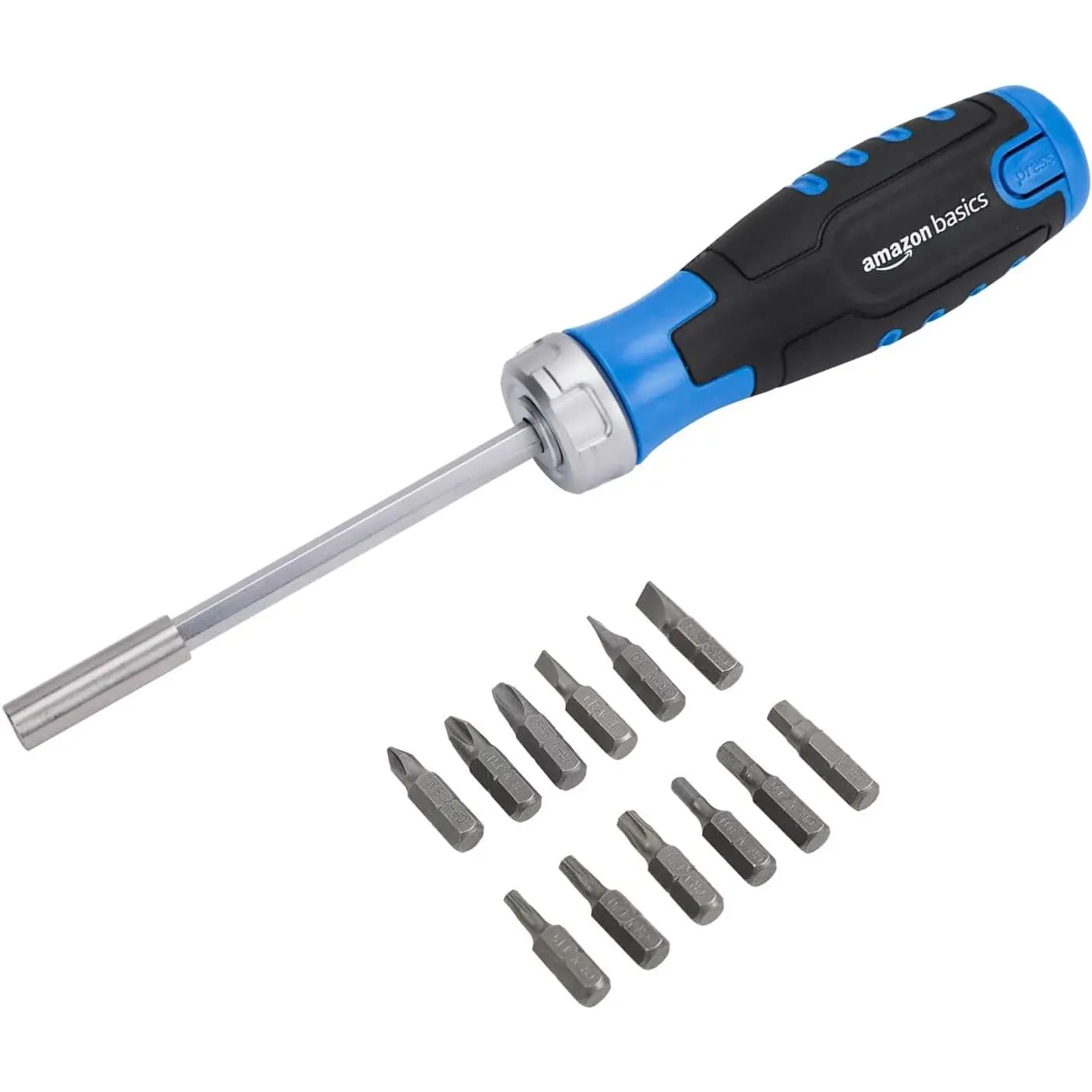 12-in-1 Ratcheting Screwdriver Set with Bit in Handle, Repair Tool Kit, Security Torx,, Flat, Hex, Torx, Black, Blue, Silver.
