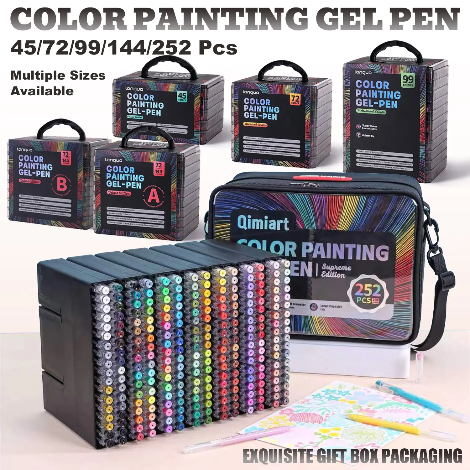 Languo Colorful Gel Pen Set, 45/72/99/144/252 Pieces, High Ink Capacity, Smooth Flow, Portable Case, Ideal for Art, Sketching, Coloring