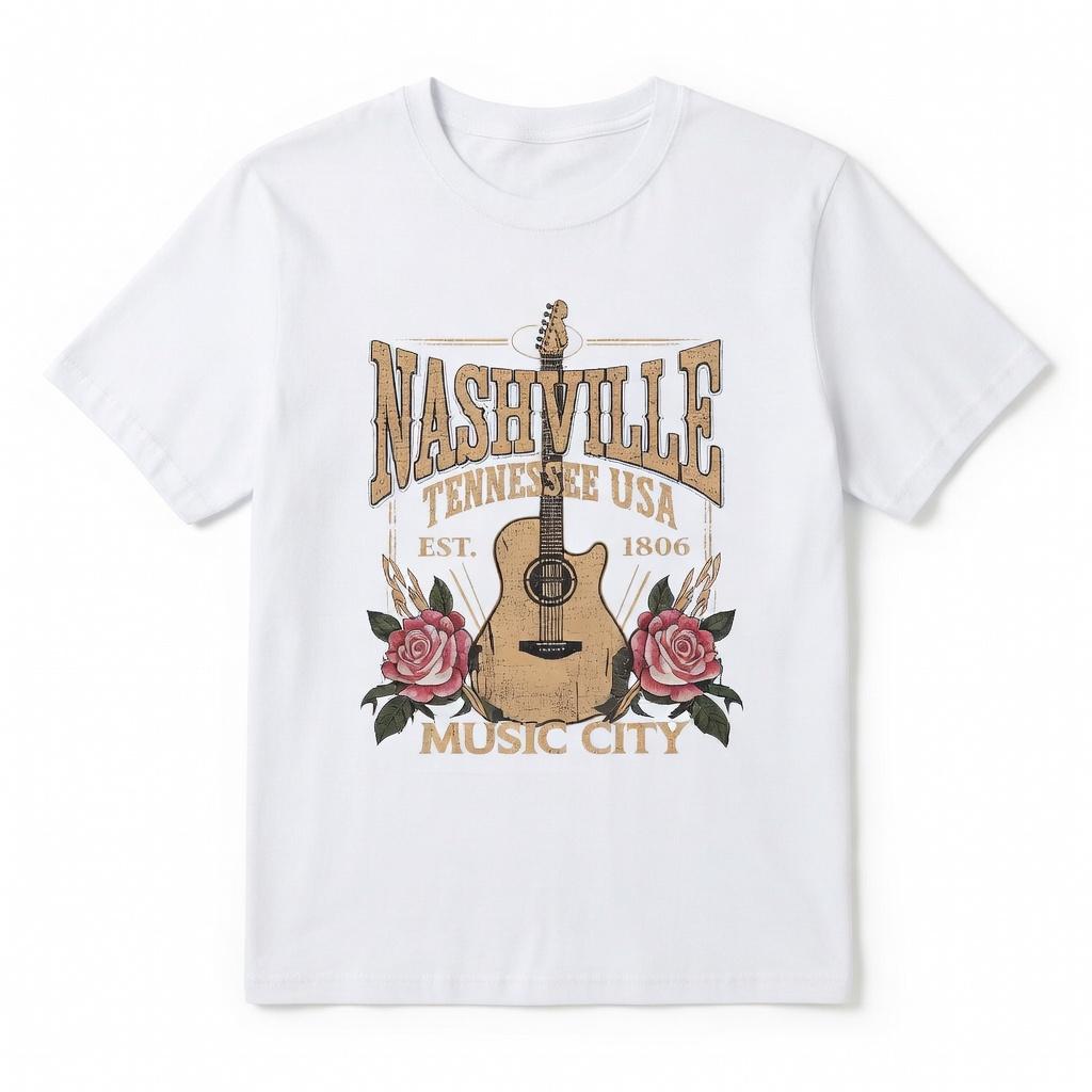 Nashville Music City Graphic T-Shirt, Edgy Guitar & Roses Print Oversized Tee, Tennessee USA Vintage Vibe Short Sleeve Apparel, Aesthetic Country Concert & Travel Souvenir Gift Fashion Top, Viral Trendy Southern Street Style Statement Streetwear Crew Neck