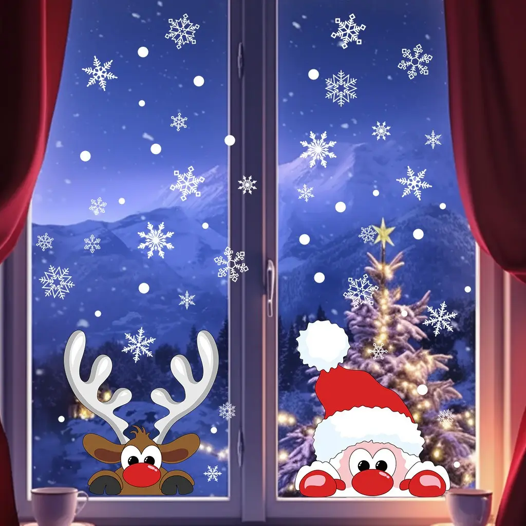 2 Pack Cartoon Santa Deer Static Christmas Window Stickers, Reusable Adhesive, No Residue, Perfect for Home and Shop Decorations