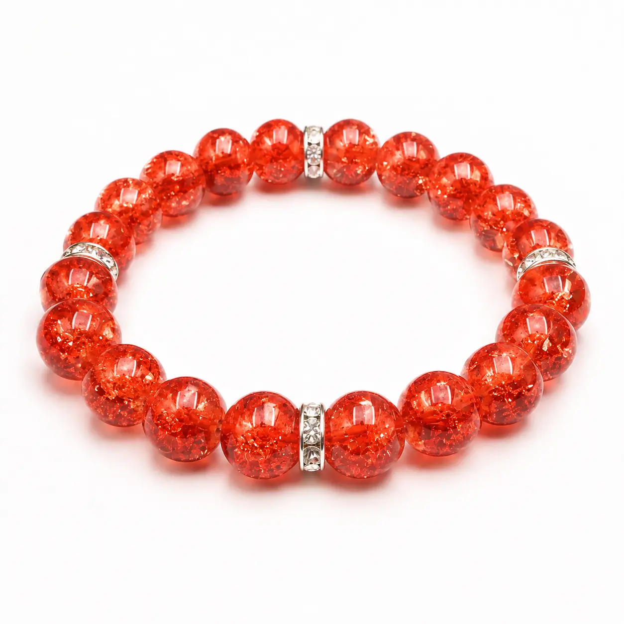 Red Crackle Quartz Crystal Beaded Stretch Bracelet with Silver Plated Rhinestone Spacer Beads Sparkling Fiery Red Round Bead Healing Energy Protection Bracelet for Women Girls