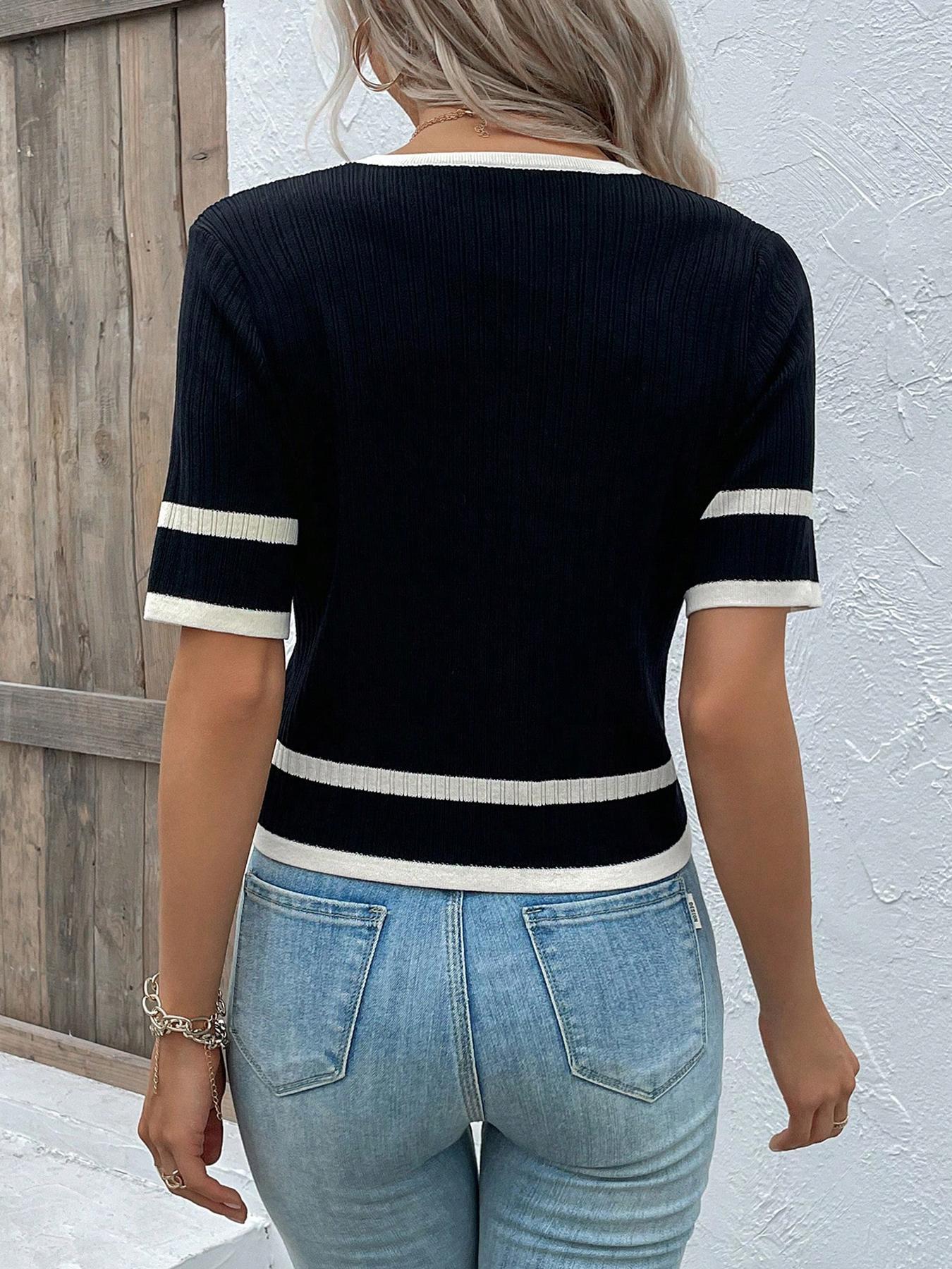 Women's Knit Casual Commuter Top, Lightweight Knitwear, Spring Summer Colorblock Square Neck Short Sleeve Button Fitted Regular Fit T-Shirt, Random Pattern, Knitwear Womenswear