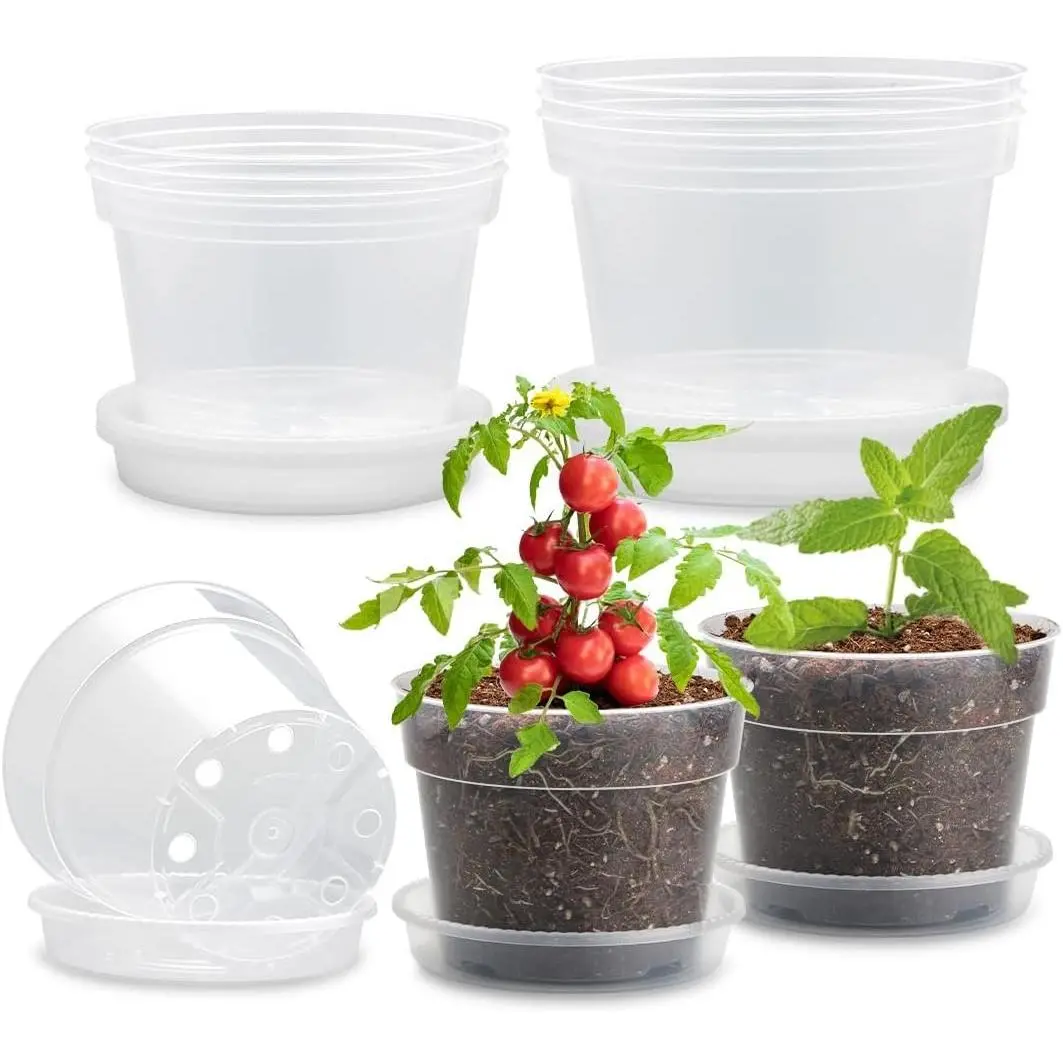 9 Pack 8/7/6 Inch Clear Nursery Pots for Plants with Saucer, Transparent Plastic Plant Pots with Drainage Holes, Sturdy Seedling Starter Pot, Garden Planter Pot for Succulents Flowers Herb Vegetables