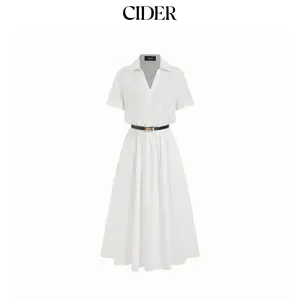 Cider Cotton-blend Collar Shirt Maxi Dress With Metal Detail Belt Dealsforyou