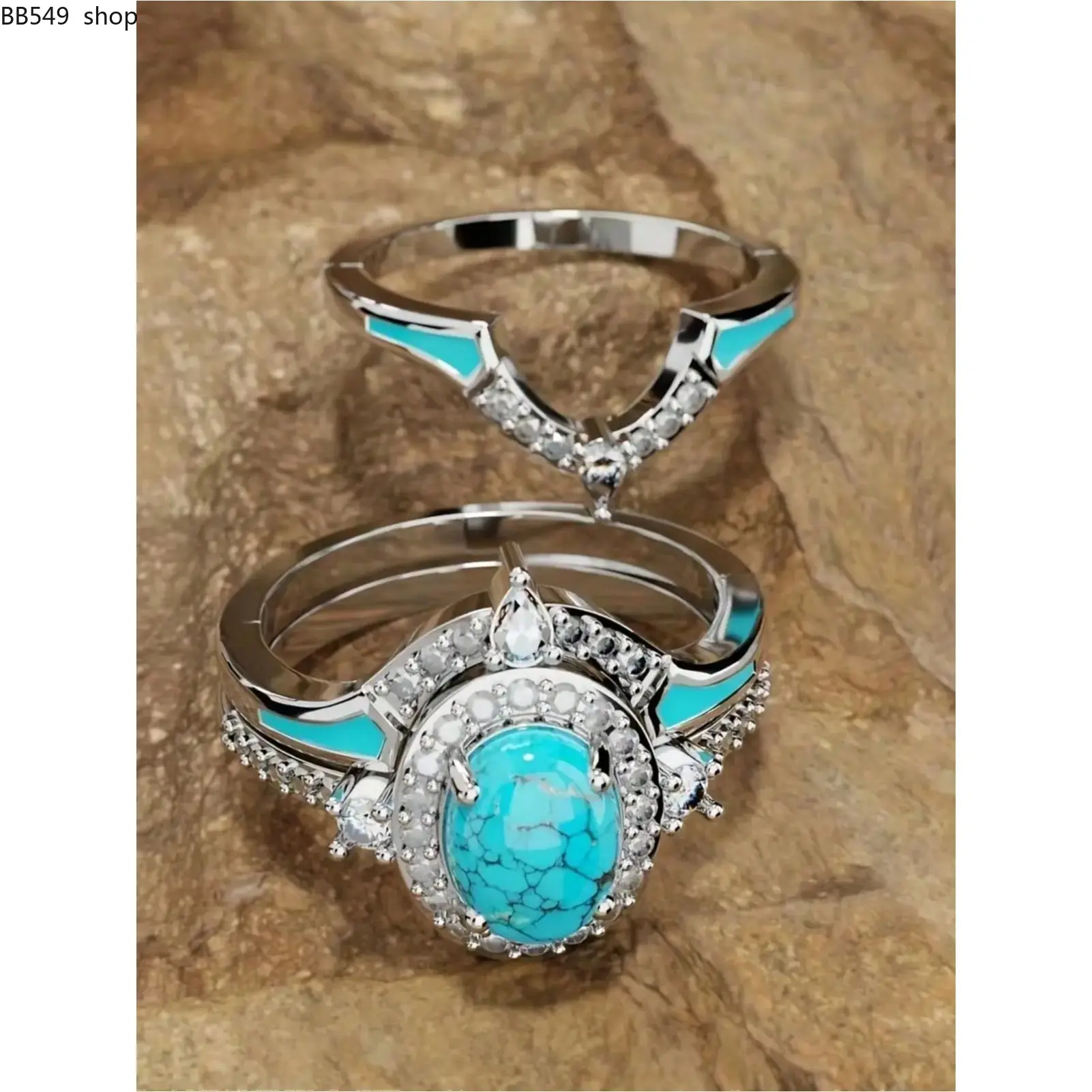 3pcs/Set Elegant Women Cubic Zirconia Ring Set With Turquoise Accents, Retro Boho Wedding Engagement Jewelry Set Birthday Anniversary Christmas Gift