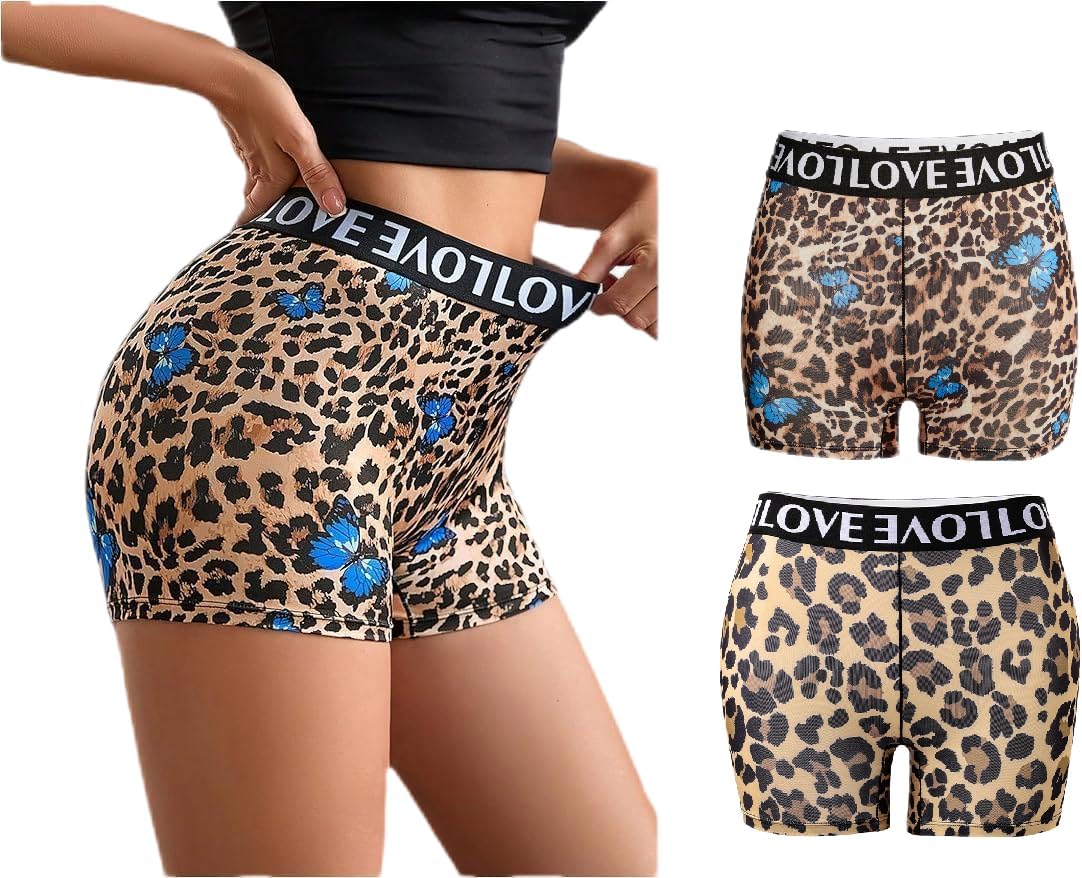 2 Pack Women's Leopard Print Boyshort Underwear Mid Rise Boxer Shorts Panties Outdoor Beach Vacation Ride Shorts