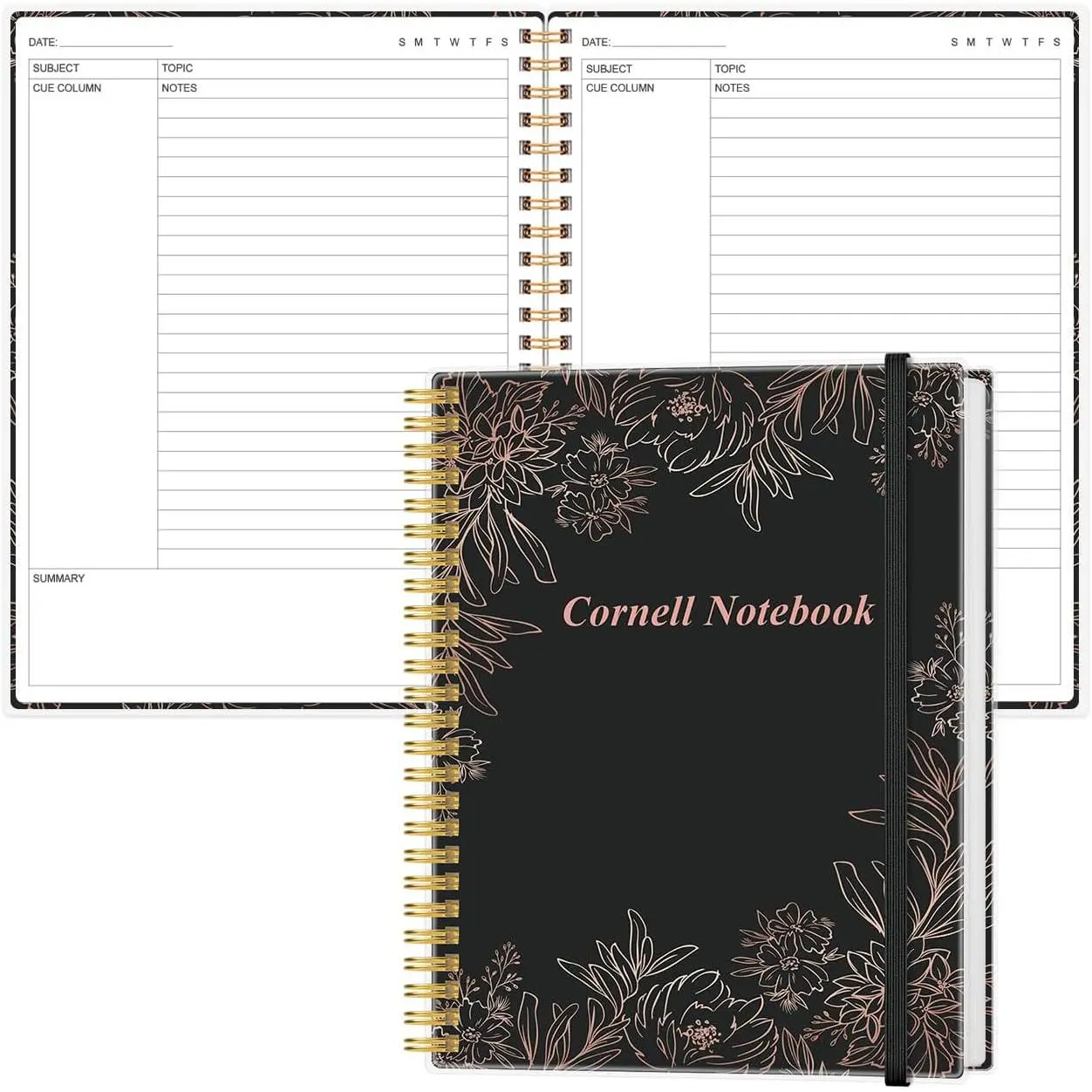 A4  Notes Notebook - 8.5" x 11" College Spiral  Notebooks for Note Taking, Subject College Ruled Steno Pads for Office School/, Black Flower
