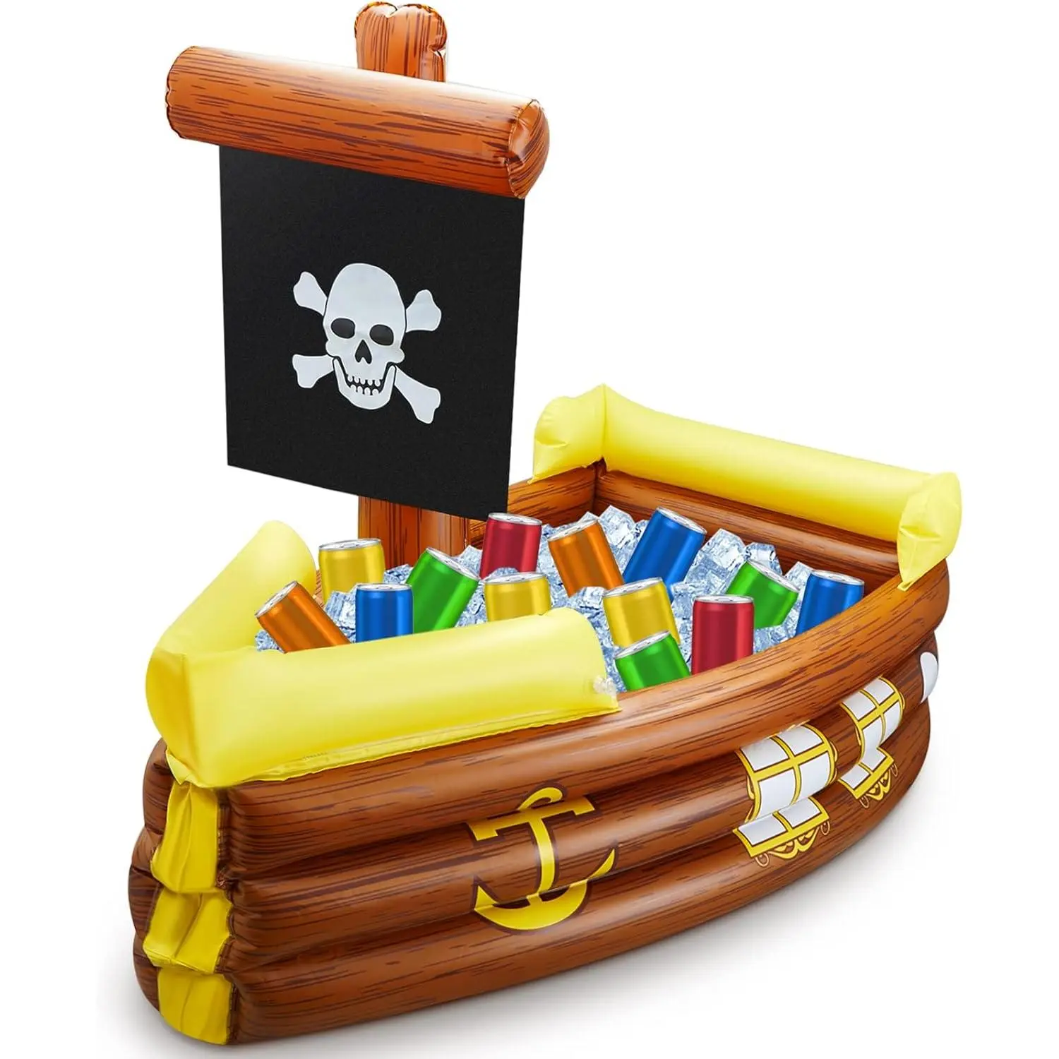 Inflatable Pirate Ship Cooler with Caribbean Pirates, Portholes, Anchors (38.98 x 33.07 inches) – Food Tray, Beverage Container, Ice Holder for Halloween, Gasparilla Party Decorations
