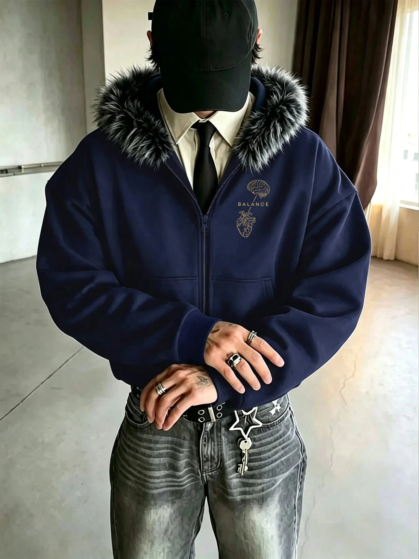 Full‑Zip Fur Trim Hooded Jacket, Brain Heart Balance Minimal Line Graphic Print, Drawstring Hood, Front Kangaroo Pocket, Thermal Lined, Aesthetic Y2K Streetwear Outerwear#AestheticStreetwear #FurHoodJacket #MinimalGraphic #Y2KOuterwear #BalancePrint