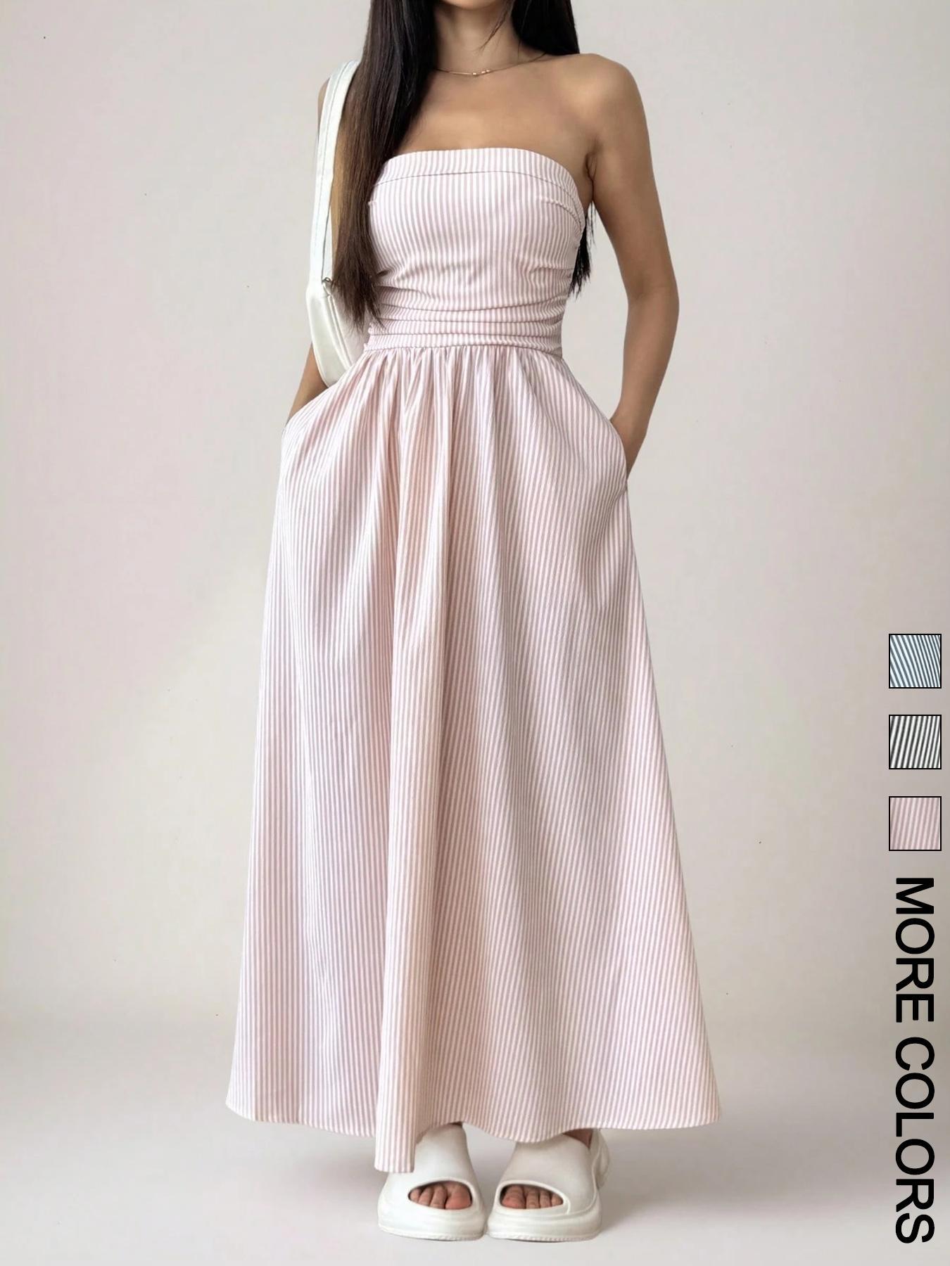 Women's Striped Tube Dress, Casual Sleeveless Dress for Summer, Fashion Women's Clothing for Daily Wear