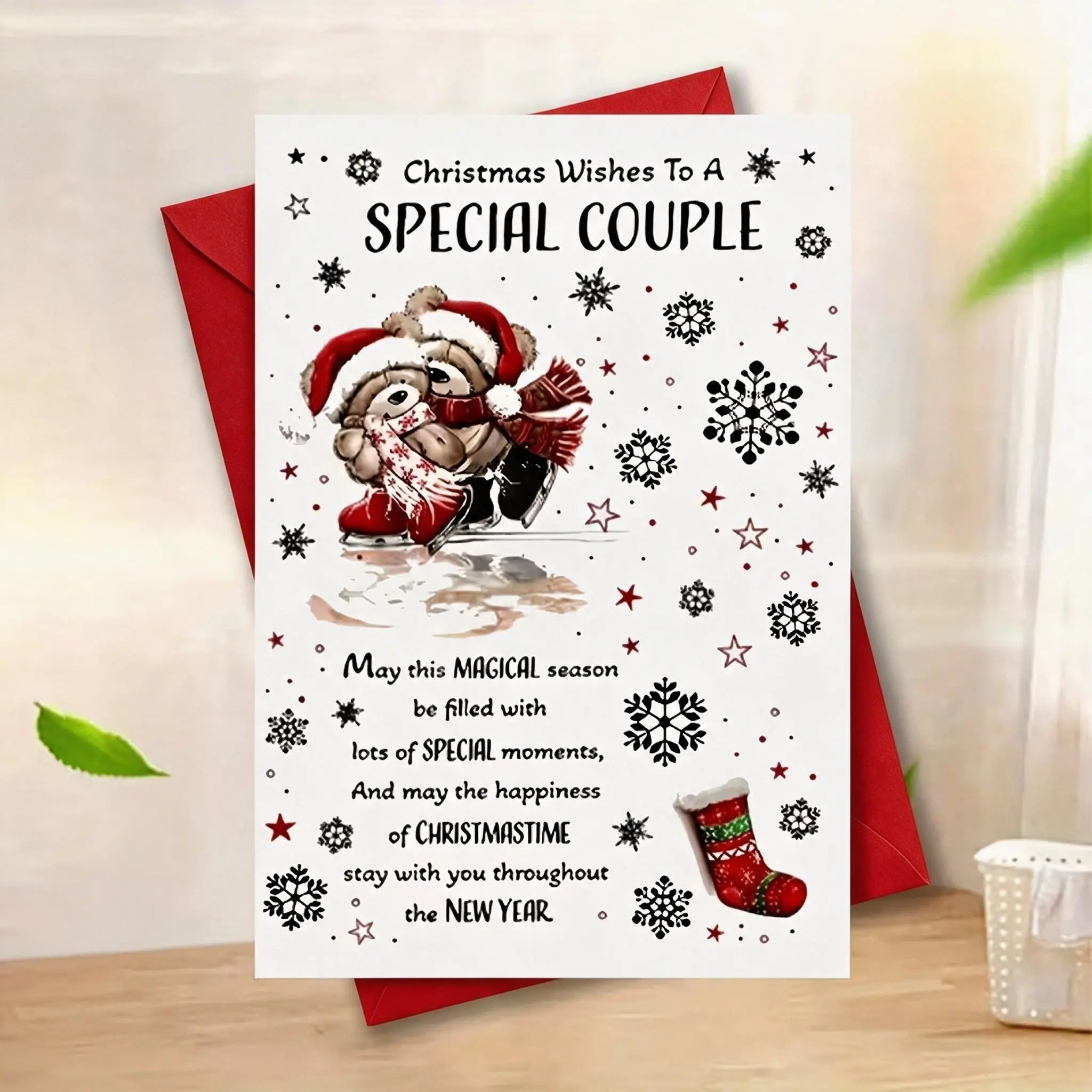 Special Couple Christmas Card, Romantic Bear, Snowflake, Santa Hat Design, Perfect Gift for Couples, Includes Envelope, Holiday Greetings