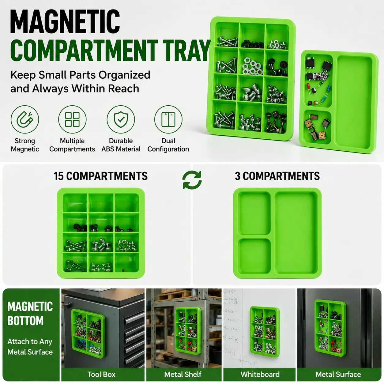 Strong Magnetic Multi-Compartment Plastic Parts Box, Anti-Loss Screw Organizer, Ideal for Garage Nails and Small Hardware, Tool Boxes
