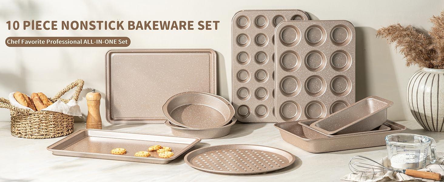 10-Piece Baking Pans Set, Bakeware Sets Nonstick, Baking Set for Oven Cooking, Stackable Carbon Steel Pans Include Cookie Sheets, Muffin , Cake , Pizza , Loaf, Roasting, Gold 10-Piece Baking Pans Set, Bakeware Sets Nonstick, Baking Set for Oven Cooking, Stackable Carbon Steel Pans Include Cookie Sheets, Muffin , Cake , Pizza , Loaf, Roasting, Gold