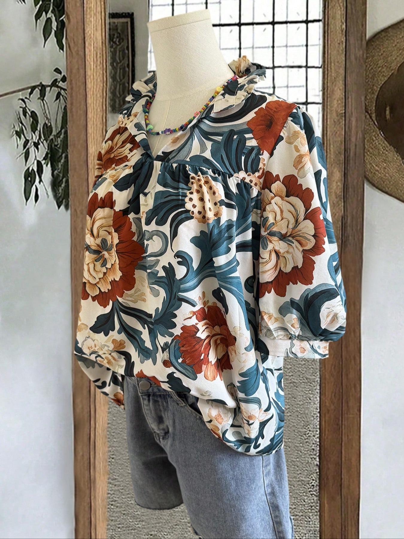 Women's Ruffled Trim Blouse, Casual V Neck Nine-point Sleeve Top for Summer, Women's Clothing for Daily Wear, Boho Floral Print Womenswear, Lady Casual Blouse Shirts, Boho Style Multicolor Shirt
