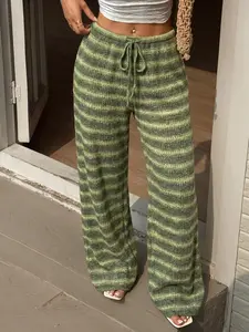 3 Colors(Grey/Green/Blue) Gradient Stripe Knit Wide Leg Floor Pants, Full Elastic Waist + Adjustable Drawstring & Side Pockets, High Waist Loose Drape Straight Fit, Soft Skin-Friendly Rib Knit Fabric, American Lazy Relax Style, Multi-Occasion Loungewear/S