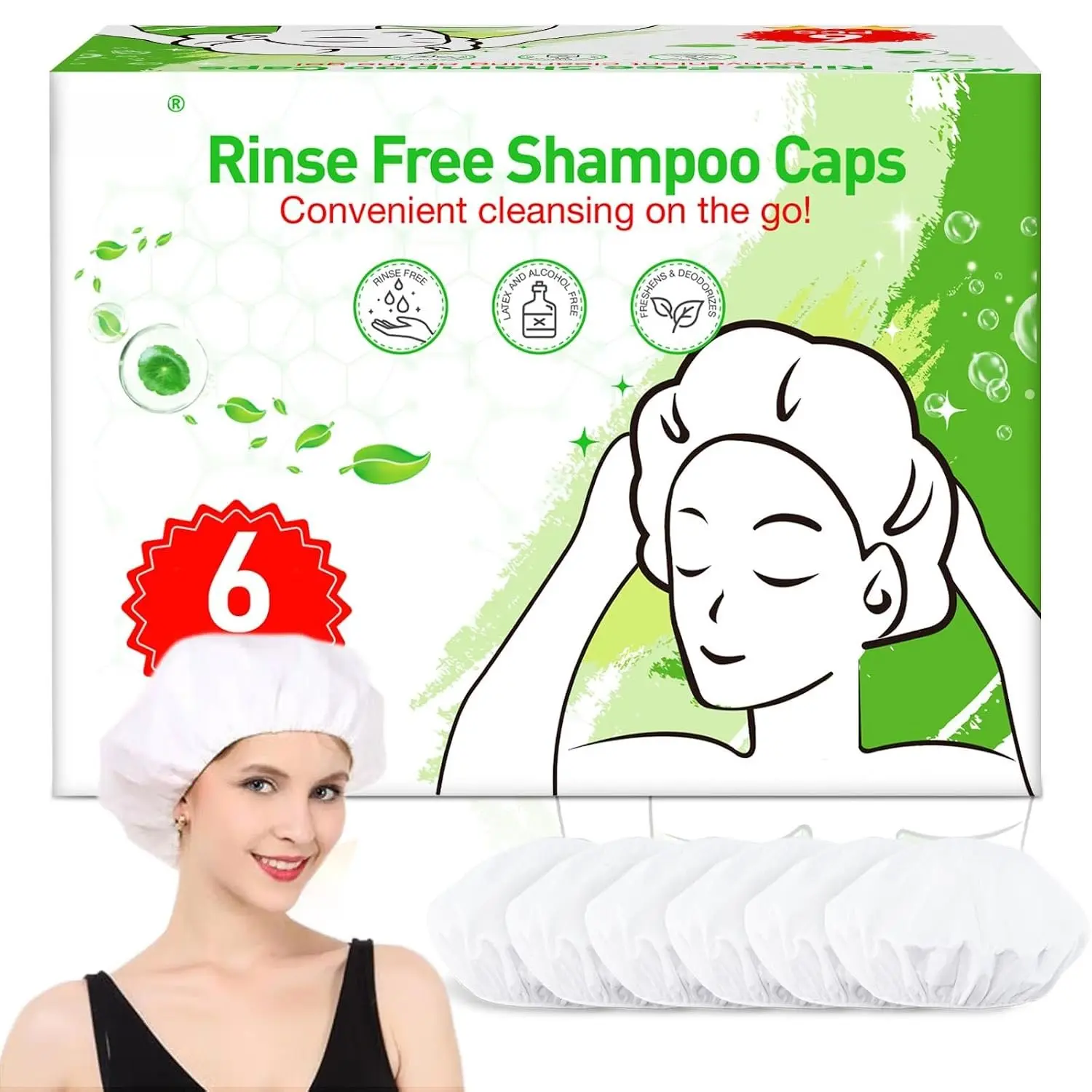 Shampoo Caps No Rinse Waterless Hair Washing Shower Caps 6 Packs for , Women, , Camping