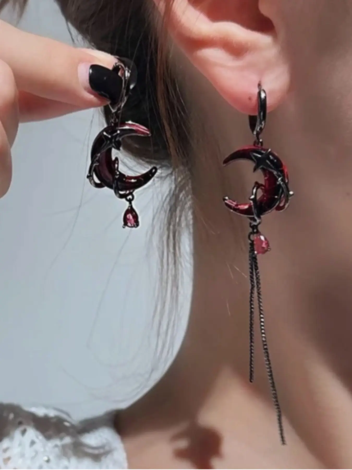 Matte Gunmetal Mismatched Butterfly Earrings, Enamel Teardrop Cz, Gothic Punk Style, Hypoallergenic Jewelry for Women