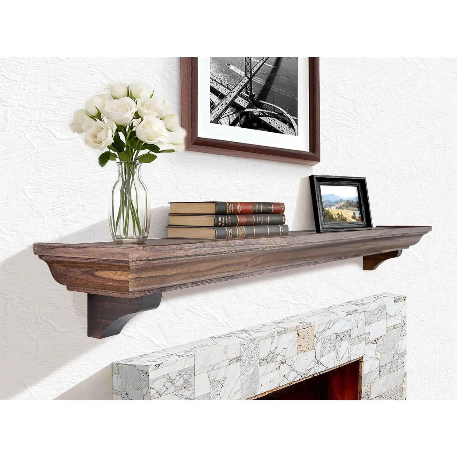54 Inch Fireplace Mantel Shelf with Corbels, Rustic Floating Shelf for Wall, Wooden Fireplace Mantle for TV Mounting & Living Room, Brown