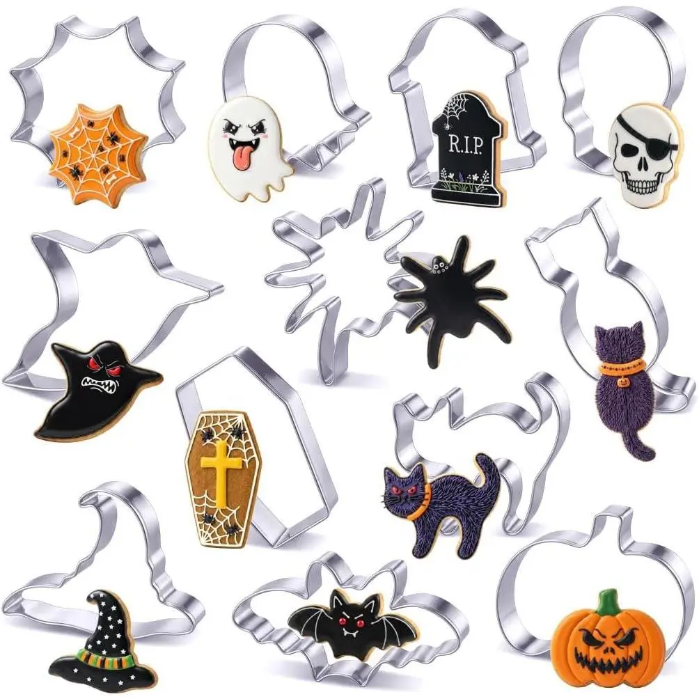 Halloween Cookie Cutters Set,  12 count Stainless Steel Cookie Cutters - Bat, , Pumpkin, , Spider, Spider Web, Coffin, 's Hat, Skull, Tombstone Shapes for Halloween Baking