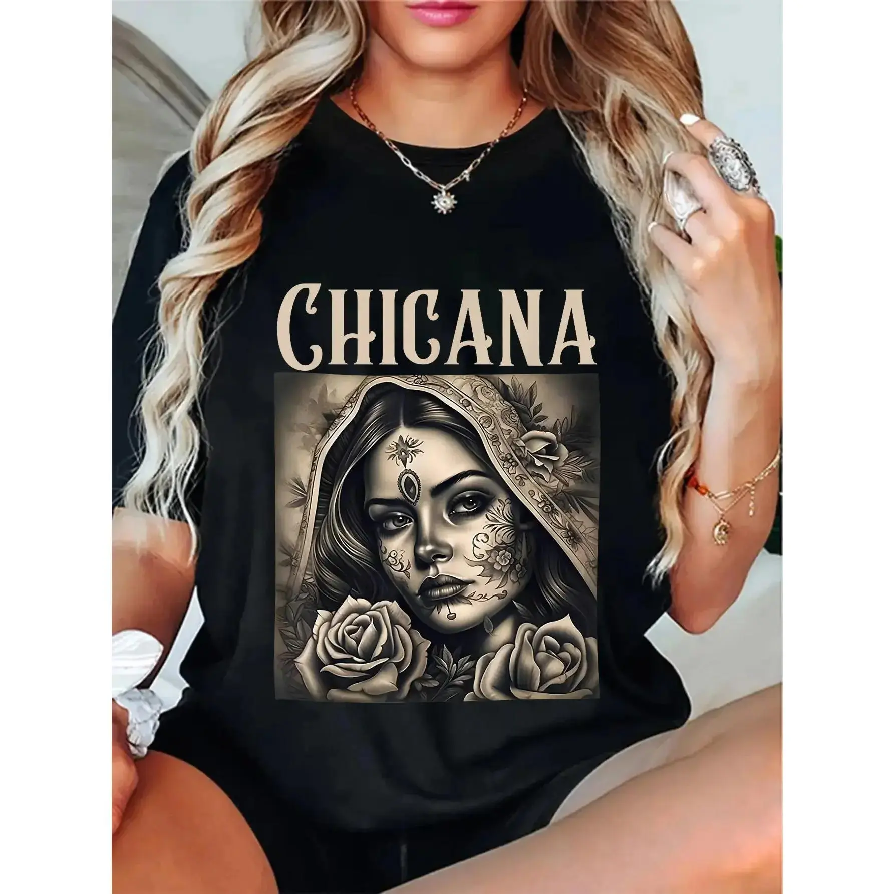 100% Unisex Chicana Chola Style Lowrider Clothes Print T-Shirt, Mexican Latina Cultural Graphic Tee, Casual Crew Neck Short Sleeve Top For Daily Streetwear