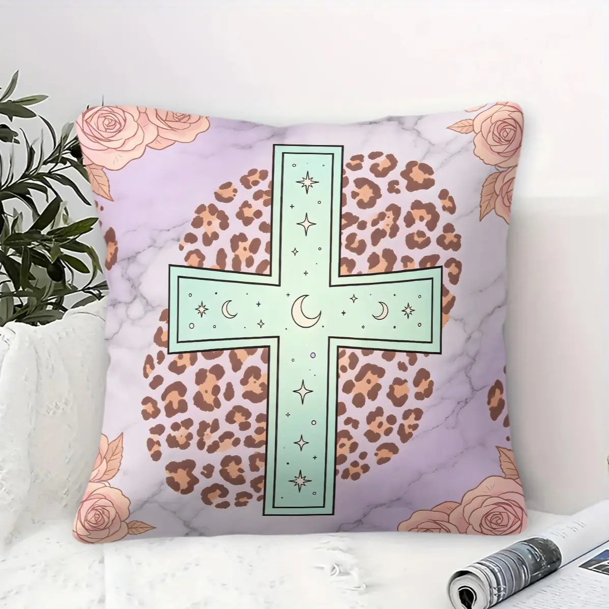 Y2K Fashion Cross Throw Pillow With Insert, Multiple Vintage Leopard Rose Print, Edgy Unique Home Decor, Versatile Niche Square Cushion For Sofa Bedroom