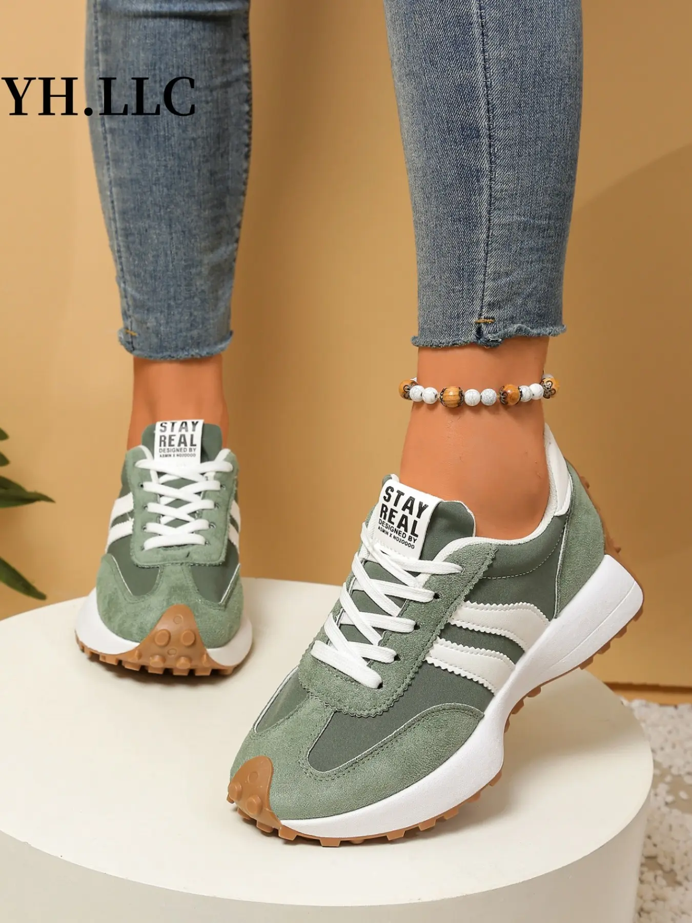 Comfortable Retro Striped Thick Sole Sneakers, Neutral Rubber Sole Walking Training Shoes, Lightweight Vintage Casual Sports Shoes