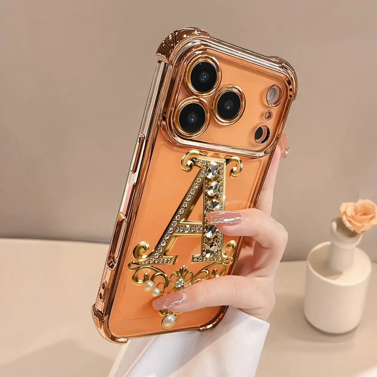 Not 3D Raised Effect,A-Design Diamond & Gold Electroplated Full-Cover Protective Cellphone Case for iPhone 17/16/15/14/13/12/11 Pro ProMax Plus, Drop-Proof Shockproof Non-Slip TPU, High-Definition Transparent Mobile Accessory, Ideal Gift for Loved Ones