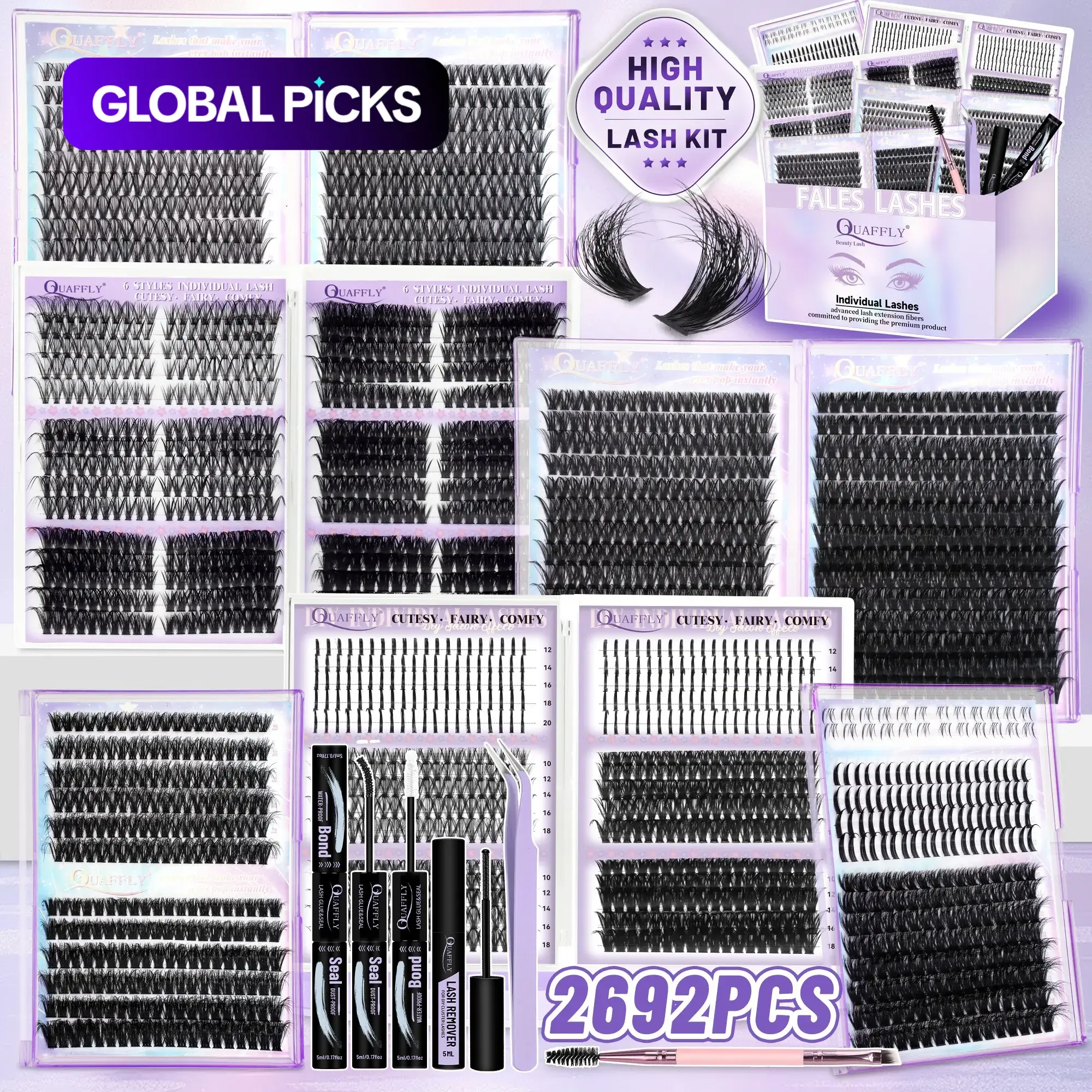 QUAFFLY Mega Lash Clusters Kit 2692Pcs Eyelash Cluster Extensions, Includes Volume/Wispy/Spikes/Bottom Lashes, DIY At Home Lash Extension Kit with Lash Bond & Seal, Remover, Tweezers and Dual-Ended Brush #GLOBAL PICKS