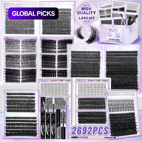 QUAFFLY 2692Pcs Eyelash Cluster Extensions with Bond & Seal, Remover, Tweezers and Dual-Ended Brush, Mega DIY Lash Kit with Volume Fluffy Lashes, Wispy, Spikes & Bottom Lashes #GLOBAL PICKS